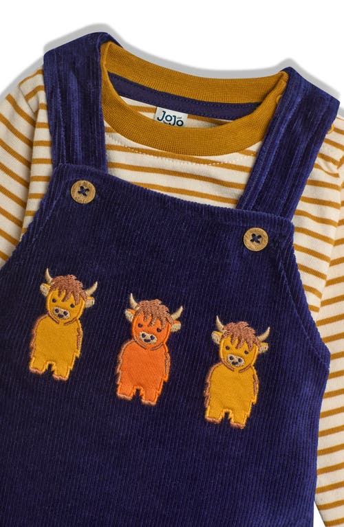 Jojo Maman Bébé Jojo Maman Bebe Highland Cow Appliqué Long Sleeve T-shirt & Overalls Set In Navy