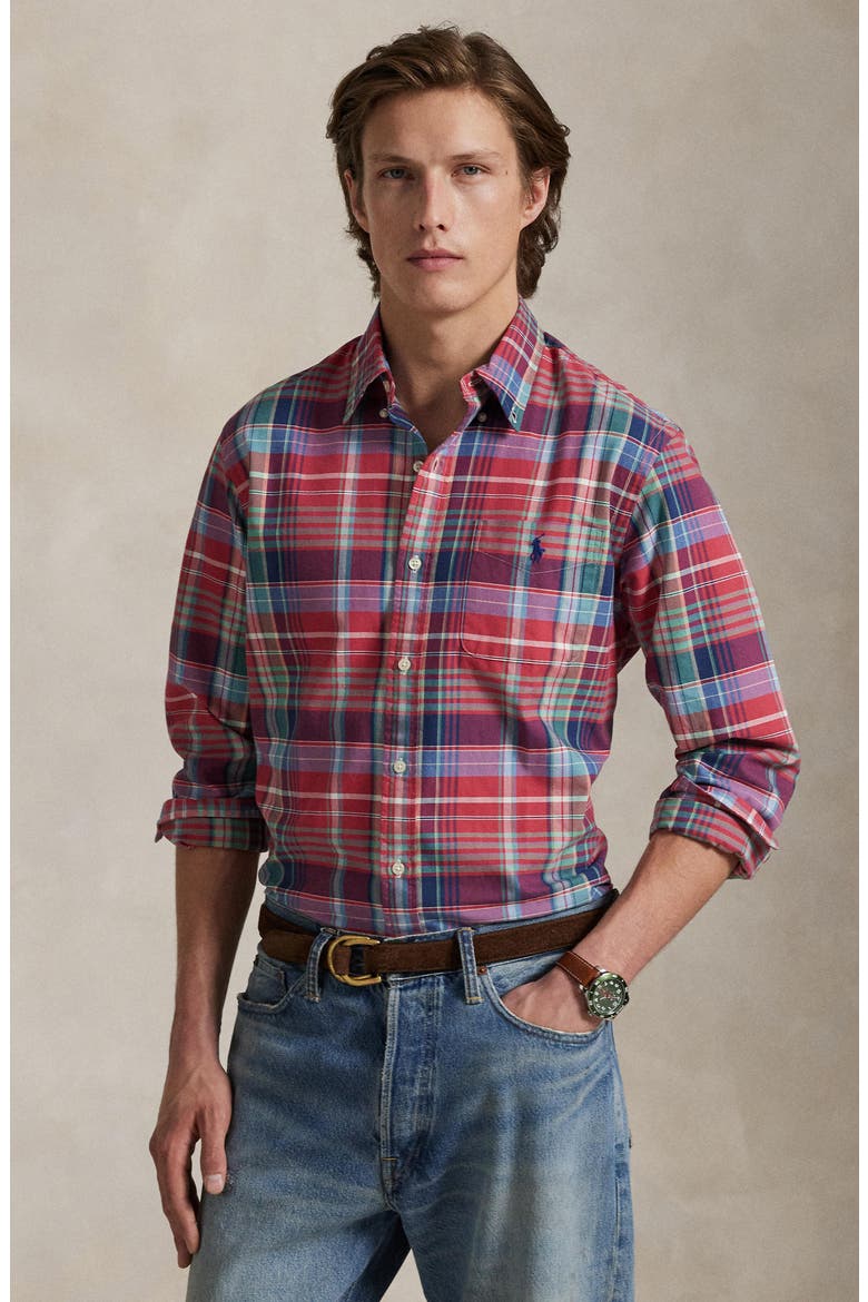 Classic Fit Plaid Cotton Oxford Button-Up Shirt, Alternate, color, RED/ GREEN MULTI