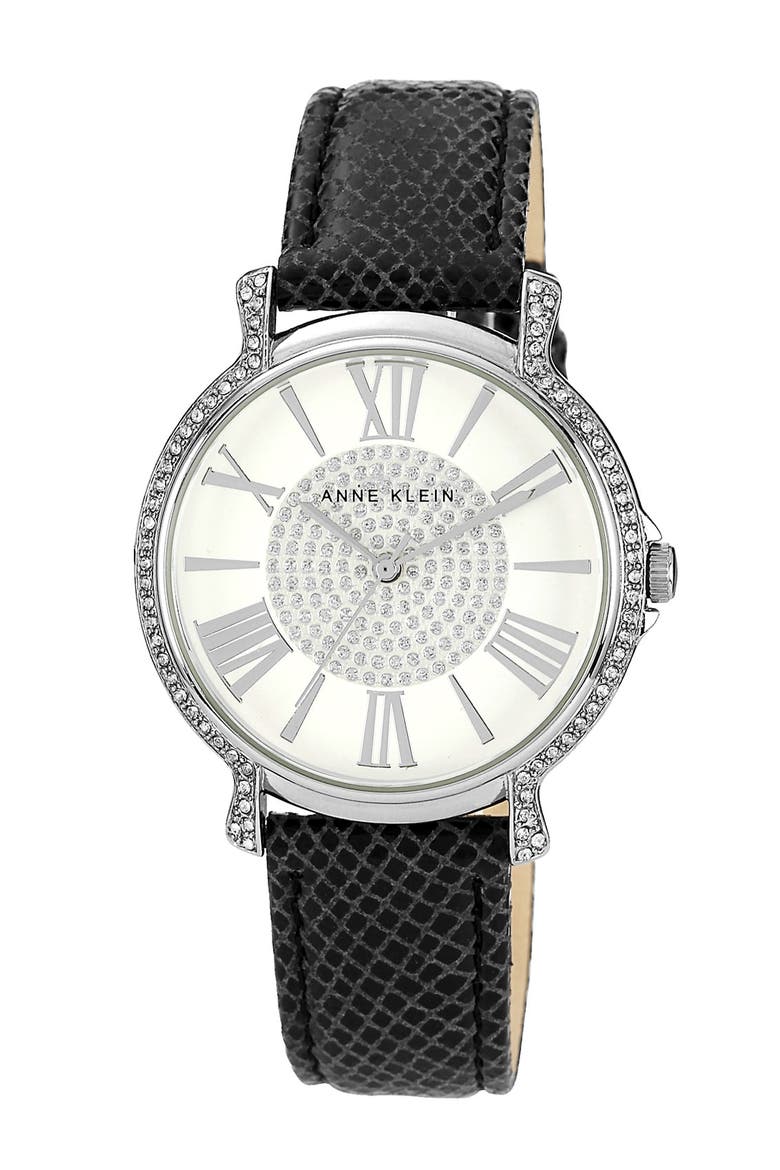 Round Leather Strap Watch, Main, color, BLACK/ SILVER