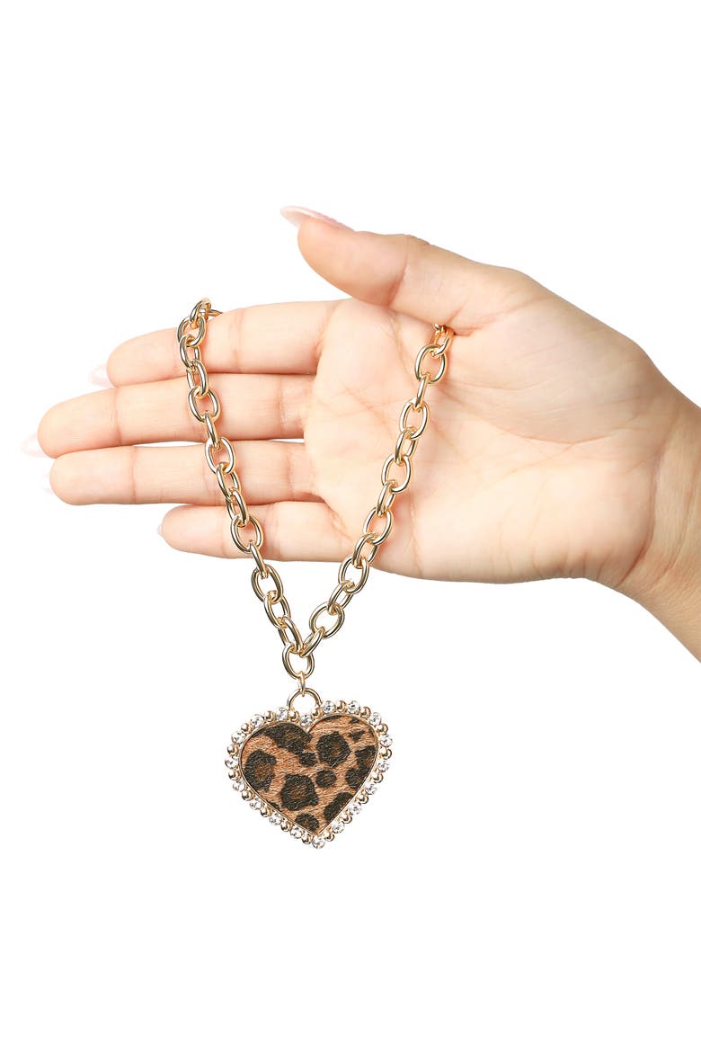 Chunky Heart Necklace for Women with Cheetah Print and Pave Crystals, 18"+2" Heart Pendant Necklace, Alternate, color, Gold-Tone