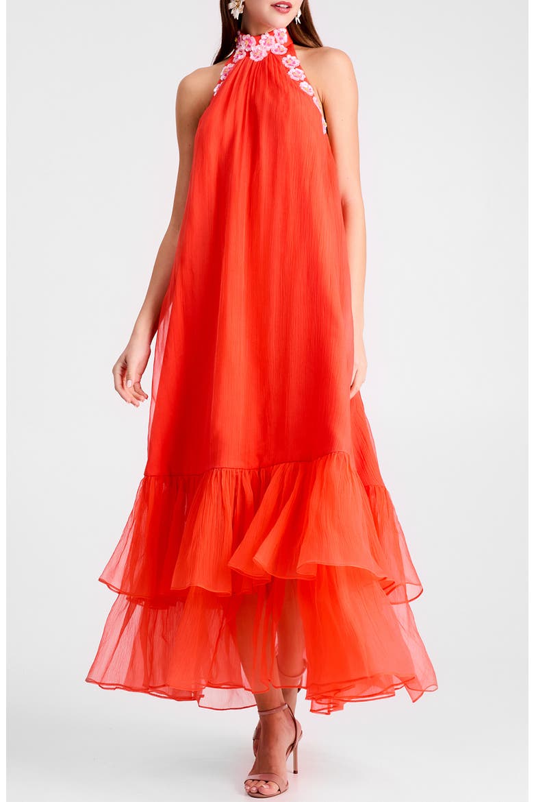 Romy Floral Appliqué Tiered Crinkle Chiffon Halter Dress, Main, color, PERSIMMON