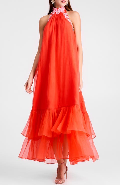 Romy Floral Appliqué Tiered Crinkle Chiffon Halter Dress (Regular & Petite)
