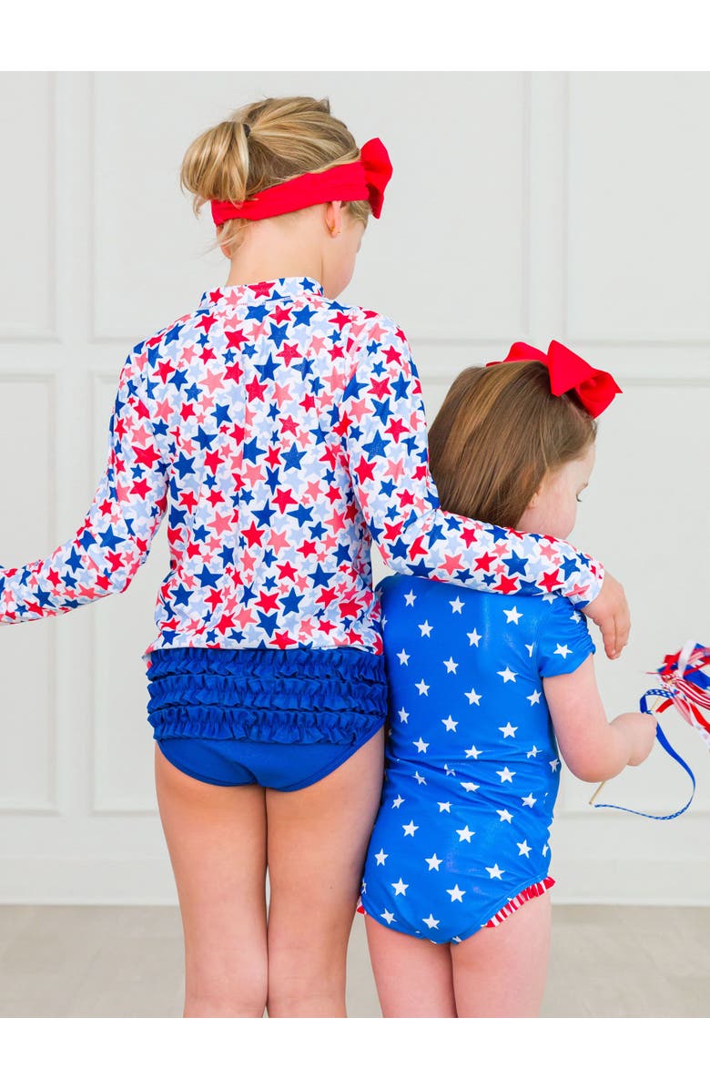 RuffleButts Girls UPF50+ Long Sleeve Zipper Rash Guard 2-Piece, Alternate, color, Shimmer Star-Spangled