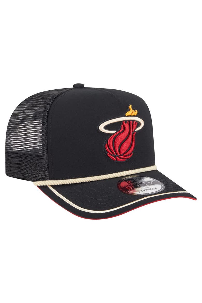 Men's New Era Black Miami Heat Vintage Team Rope A-Frame 9FIFTY Snapback Hat, Alternate, color, Black