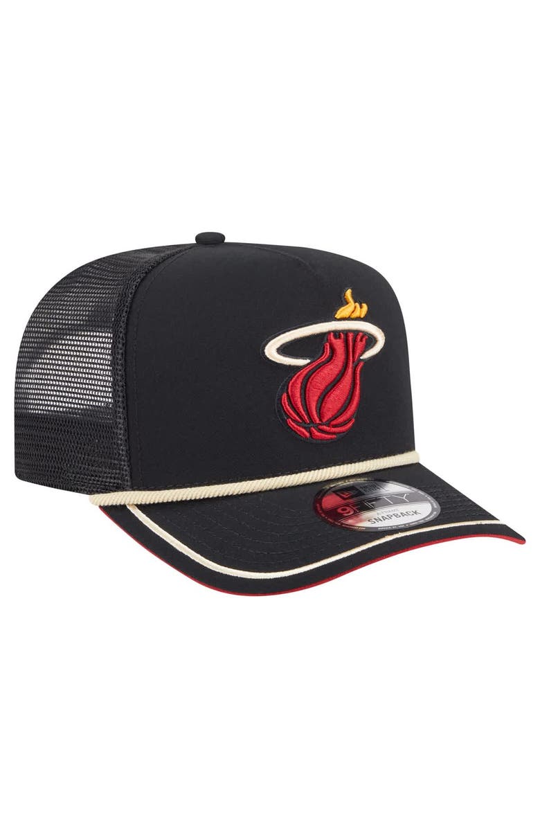 New Era Men's New Era Black Miami Heat Vintage Team Rope A-Frame 9FIFTY Snapback Hat, Alternate, color, Black