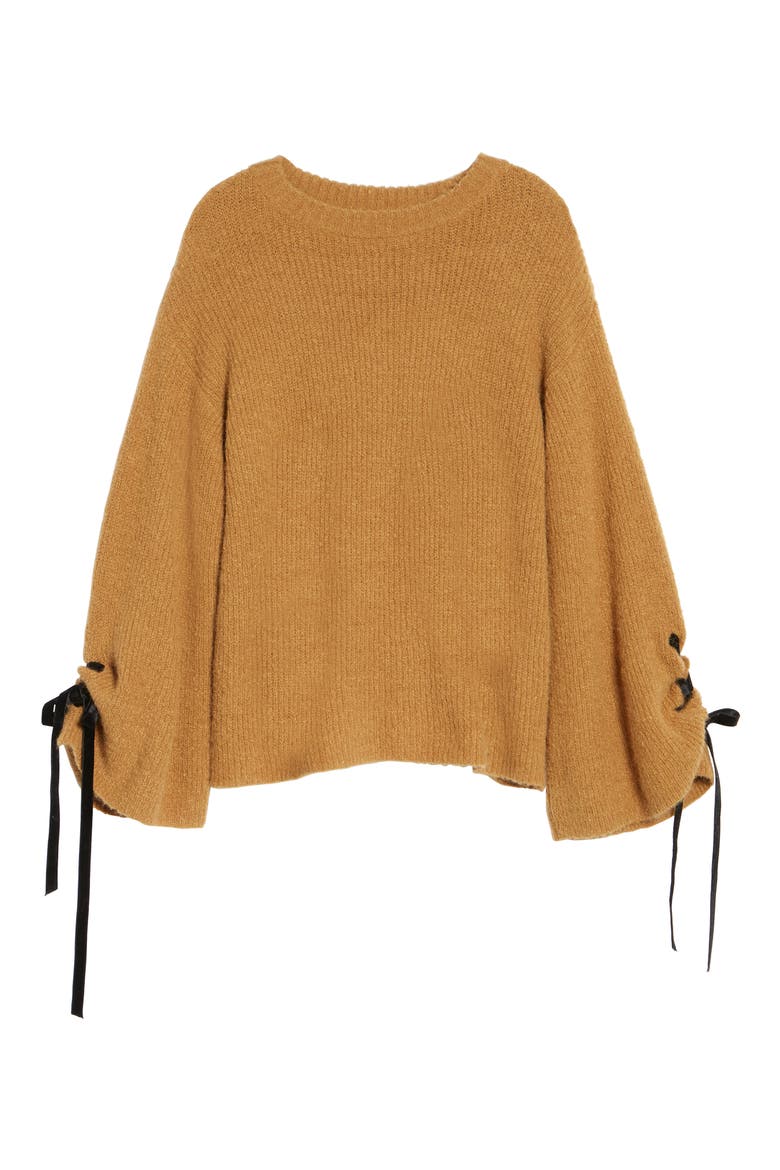 Lace-Up Sleeve Sweater, Alternate, color, BROWN CATTAIL