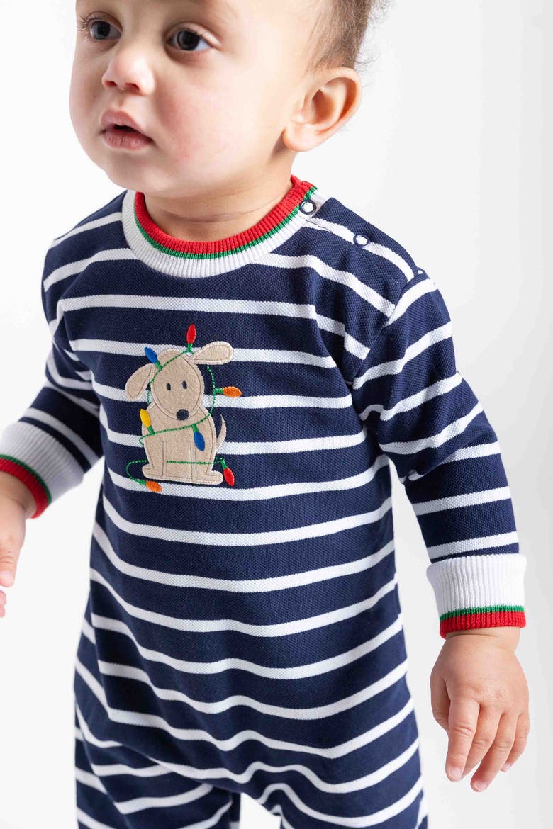 Stripe Knit Longall With Holiday Lights Dog, Alternate, color, Navy, Red, Green, White