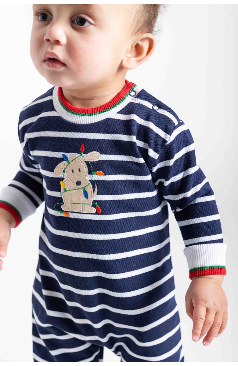 Florence Eiseman Stripe Knit Longall With Holiday Lights Dog, Alternate, color, Navy, Red, Green, White