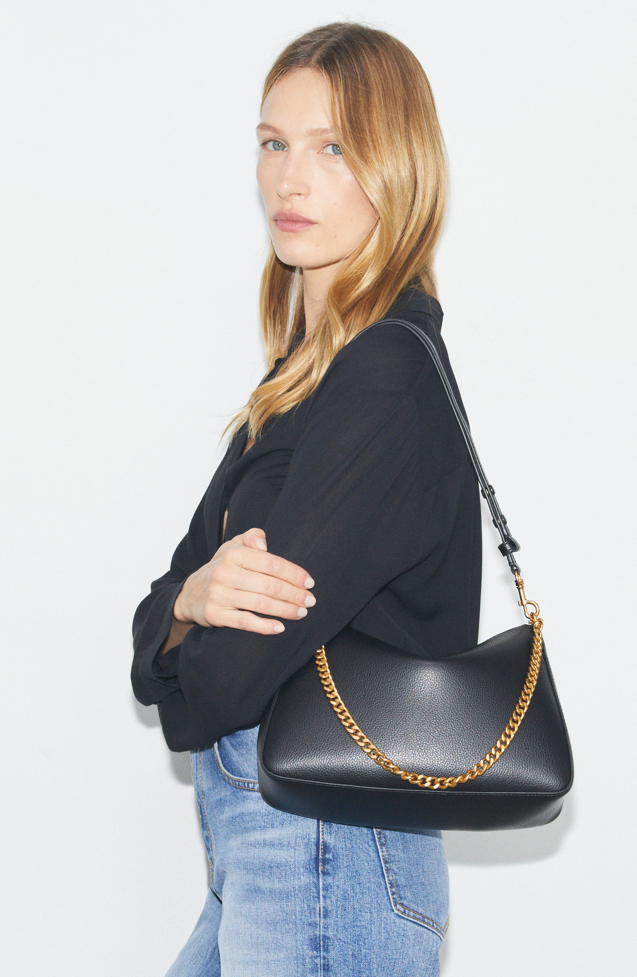 Tory Burch Perry Leather Shoulder Bag, Alternate, color, Black