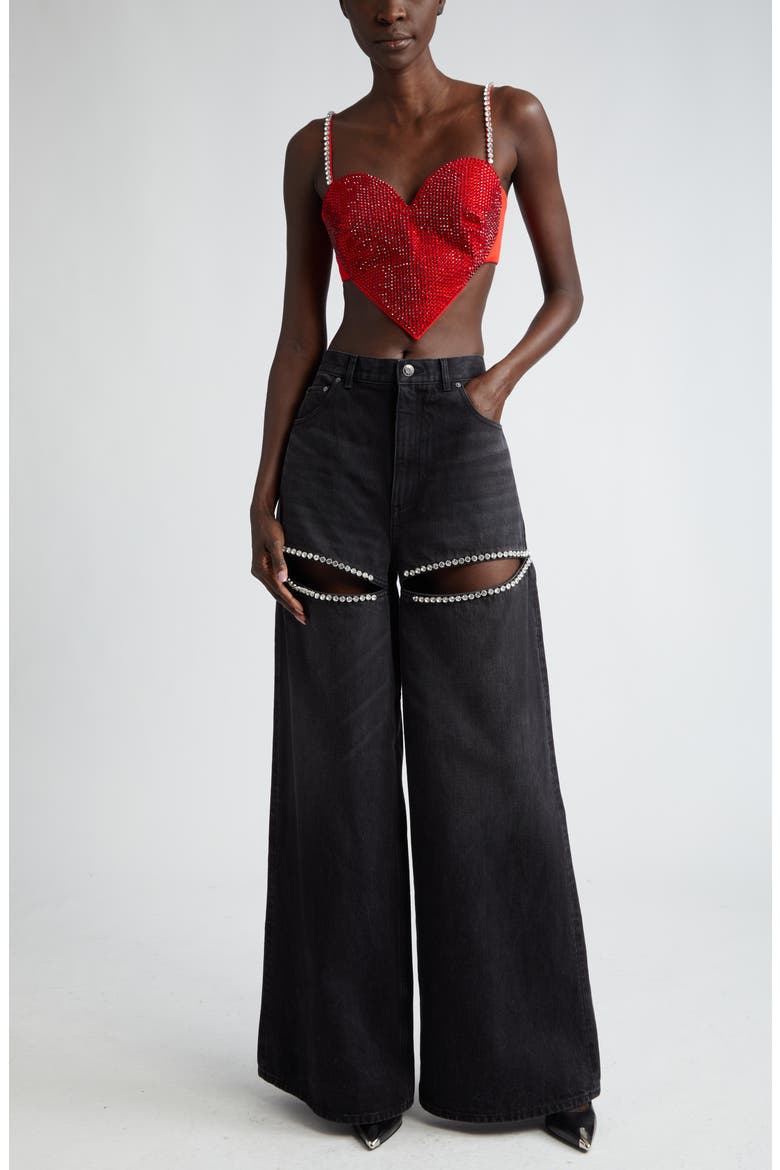 Crystal Embellished Cutout Wide Leg Jeans, Alternate, color, BLACK