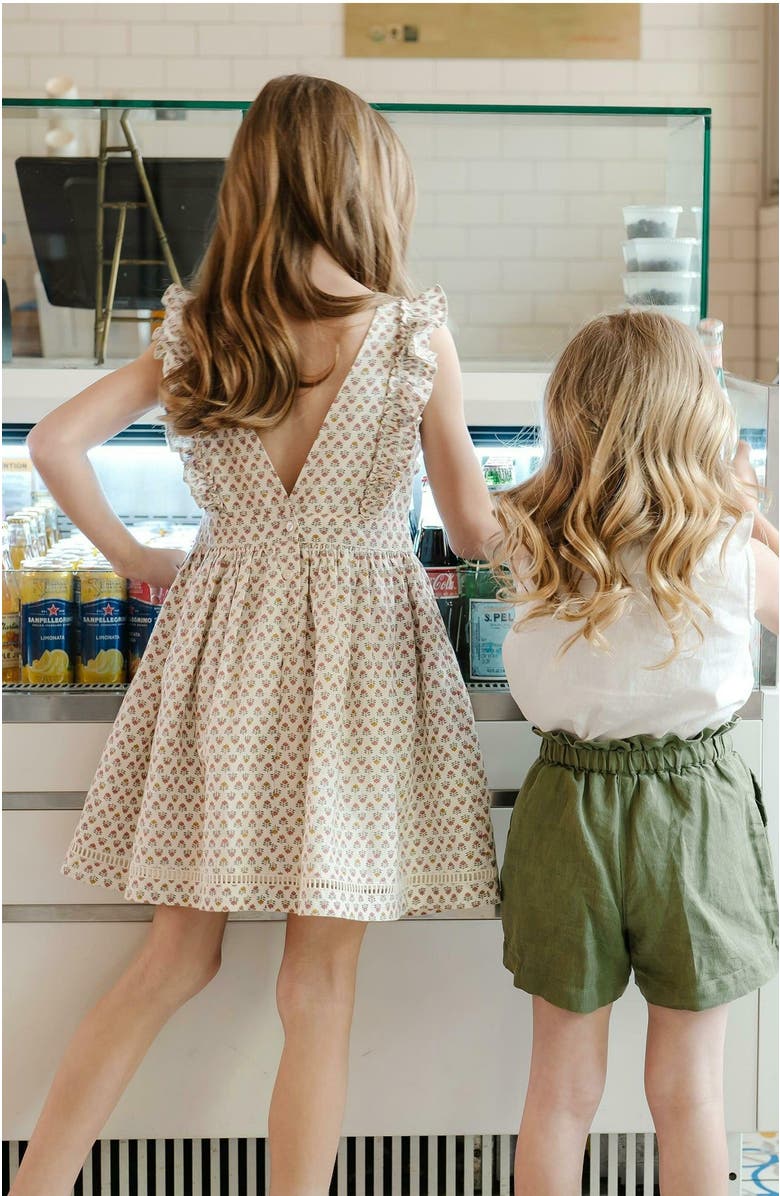 Hope & Henry Girls' Linen Pinafore Flutter Dress with Crochet Trim, Toddler, Alternate, color,