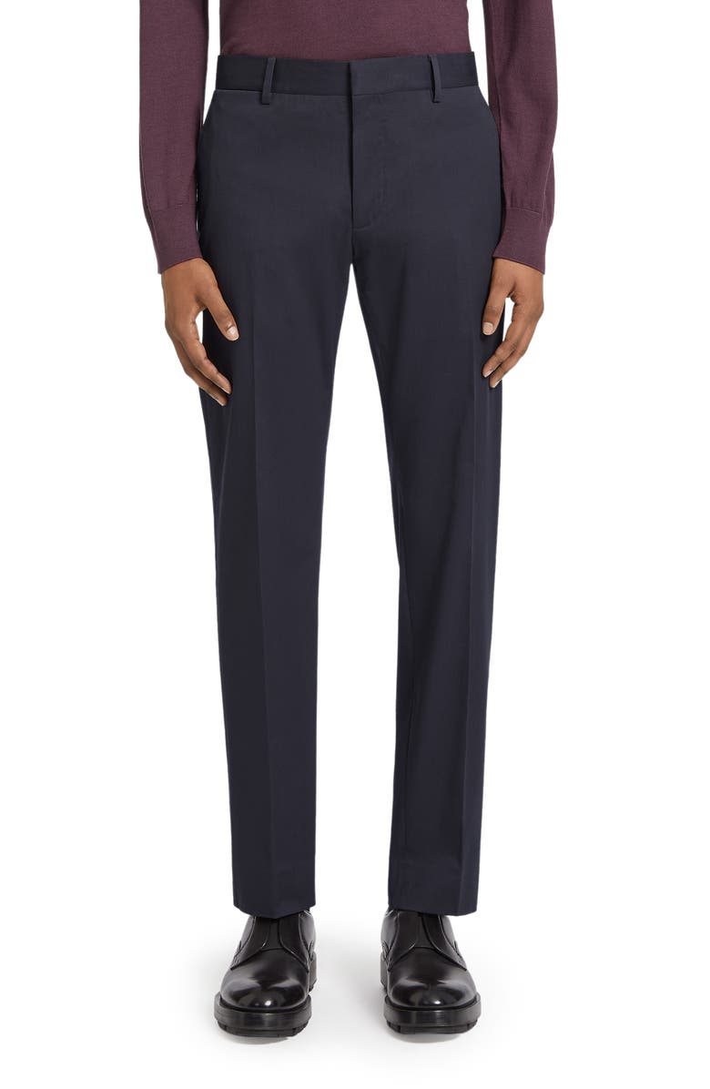 ZEGNA Flat Front Stretch Cotton Gabardine Trousers, Main, color, Navy