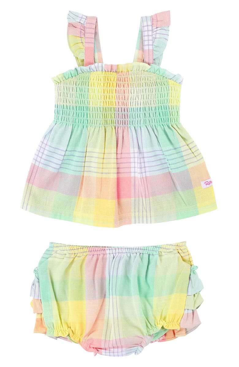 RuffleButts Cheerful Rainbow Tank Top & Ruffle Bloomers Set, Main, color, 