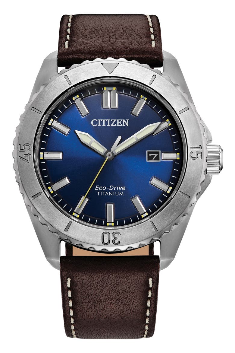Brycen Eco-Drive Leather Strap Watch, 41mm, Main, color, BLUE/BLACK-MULTI