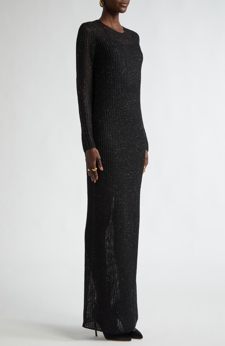 ST. JOHN Sequin Mesh Knit Long Sleeve Gown, Alternate, color, Black