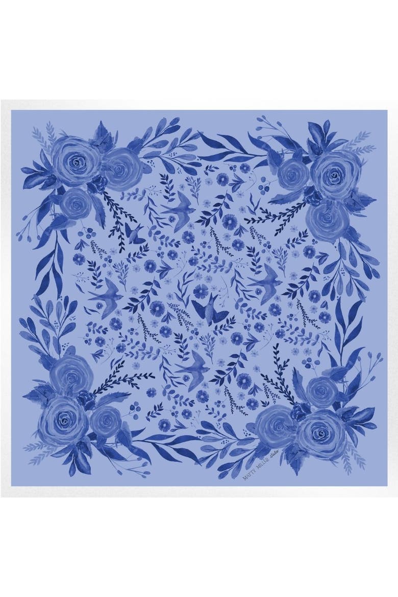 100% Silk Scarf Zephyr - Blue Floral Bird Pattern, Main, color, 35 x 35"