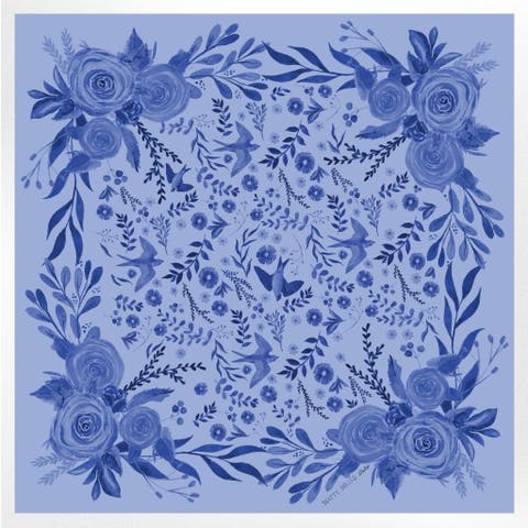100% Silk Scarf Zephyr - Blue Floral Bird Pattern