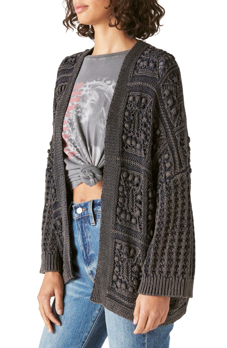 Lucky Brand Crochet Cardigan, Alternate, color, Dark Denim Acid Wash
