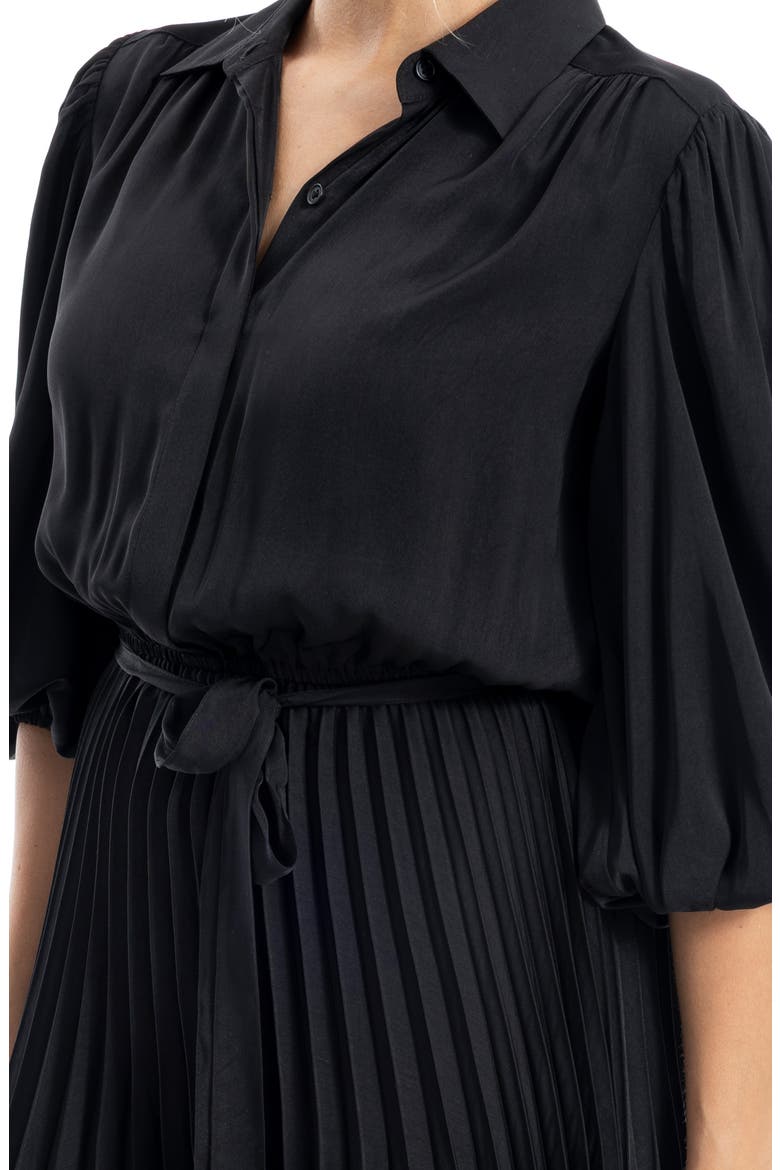 Three-Quarter Sleeve Satin Midi Shirtdress, Alternate, color, BLACK