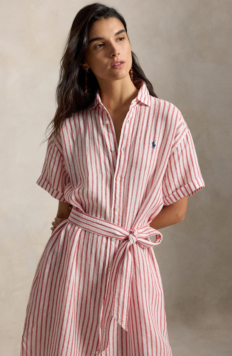 Polo Ralph Lauren Stripe Short Sleeve Linen Shirtdress, Alternate, color, Red/ White