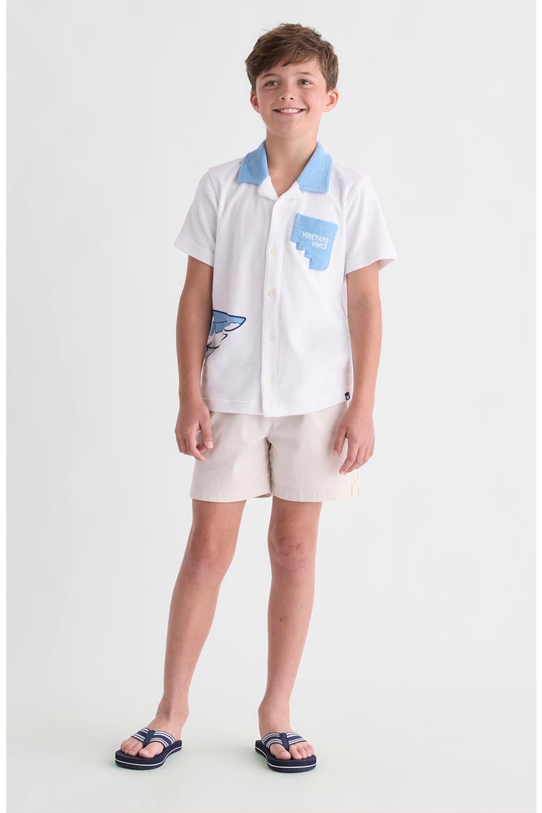 Kids' Shark Graphic Terry Trim Button-Up Shirt, Alternate, color, WHITE CAP