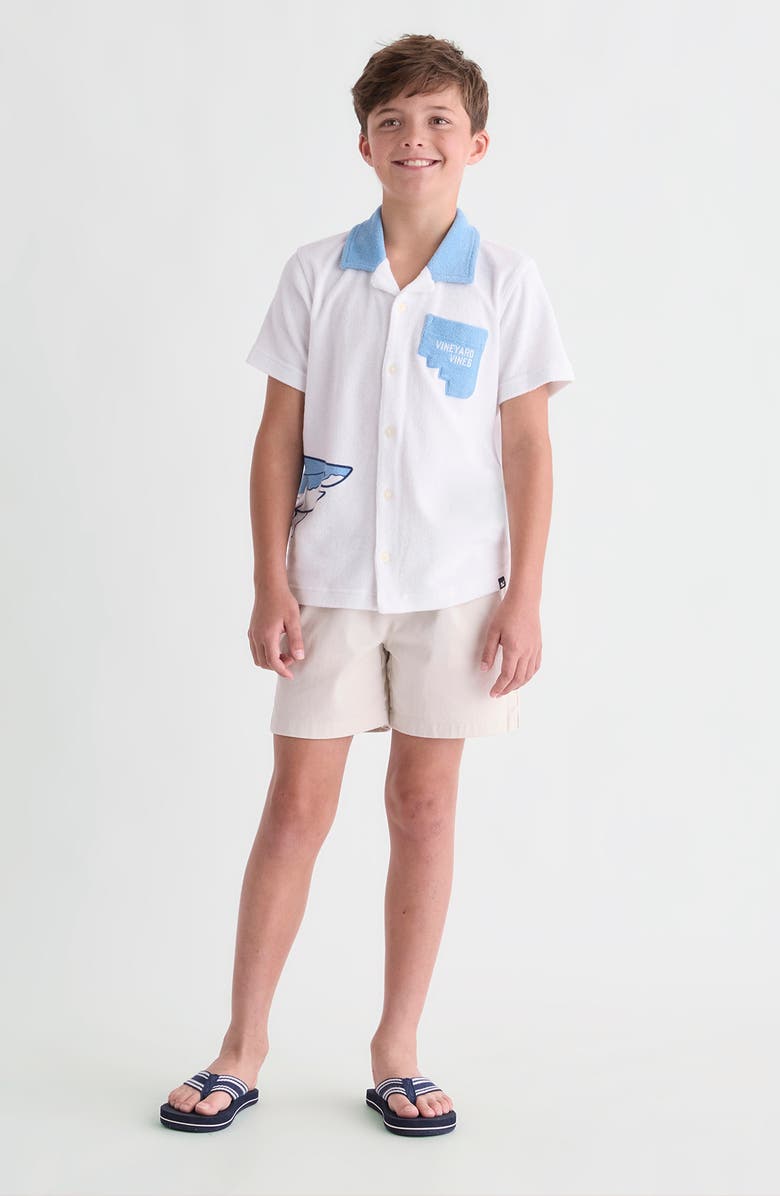 vineyard vines Kids' Shark Graphic Terry Trim Button-Up Shirt, Alternate, color, White Cap