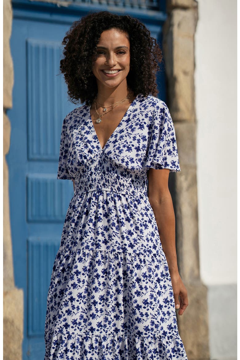 Floral Angel Sleeve Midi Dress, Alternate, color, White