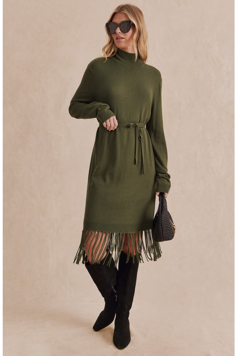 Sadie Long Sleeve Fringe Sweater Dress, Alternate, color, PINE GREEN