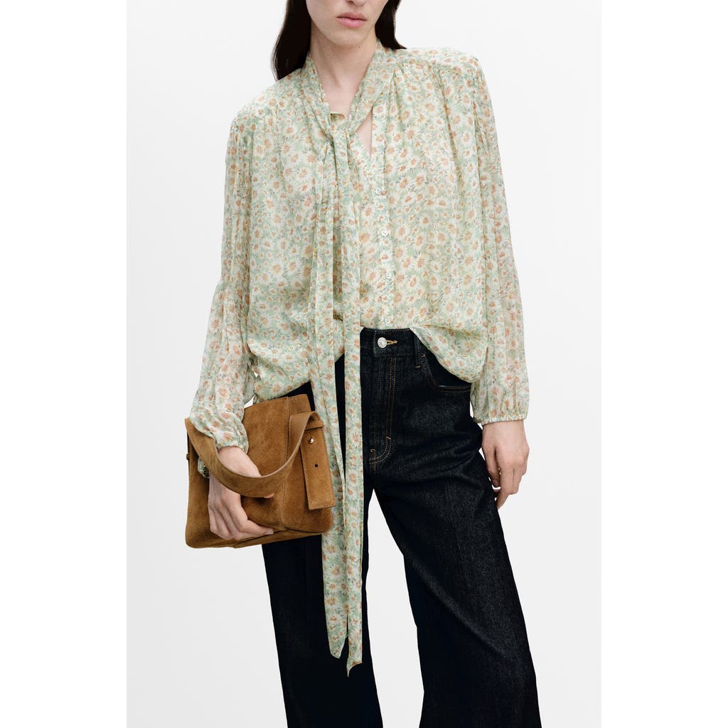 Mango Belle Floral Chiffon Tie Neck Top In Green