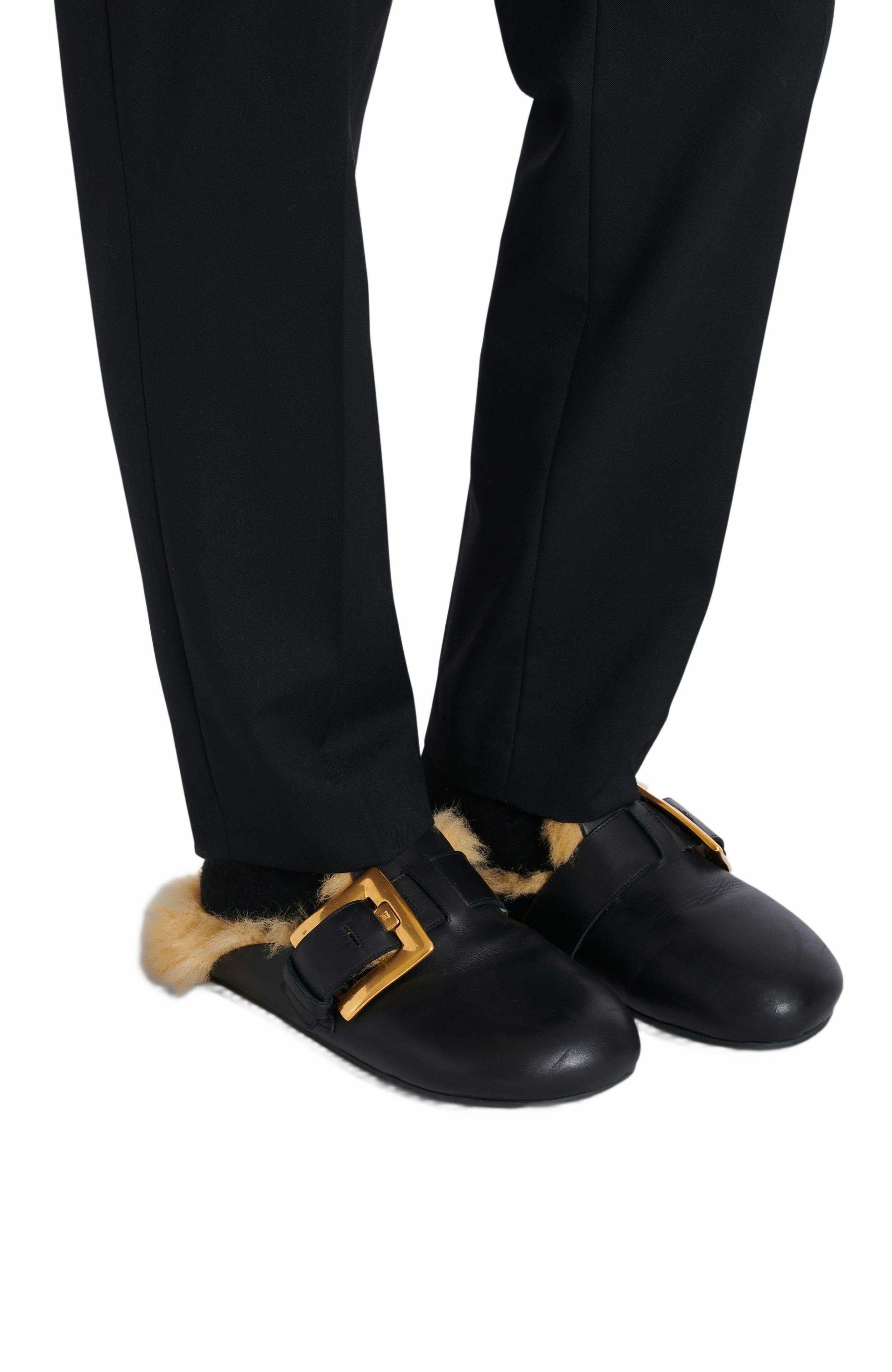 Balmain Faux Fur-Lined Mules, Alternate, color, Black