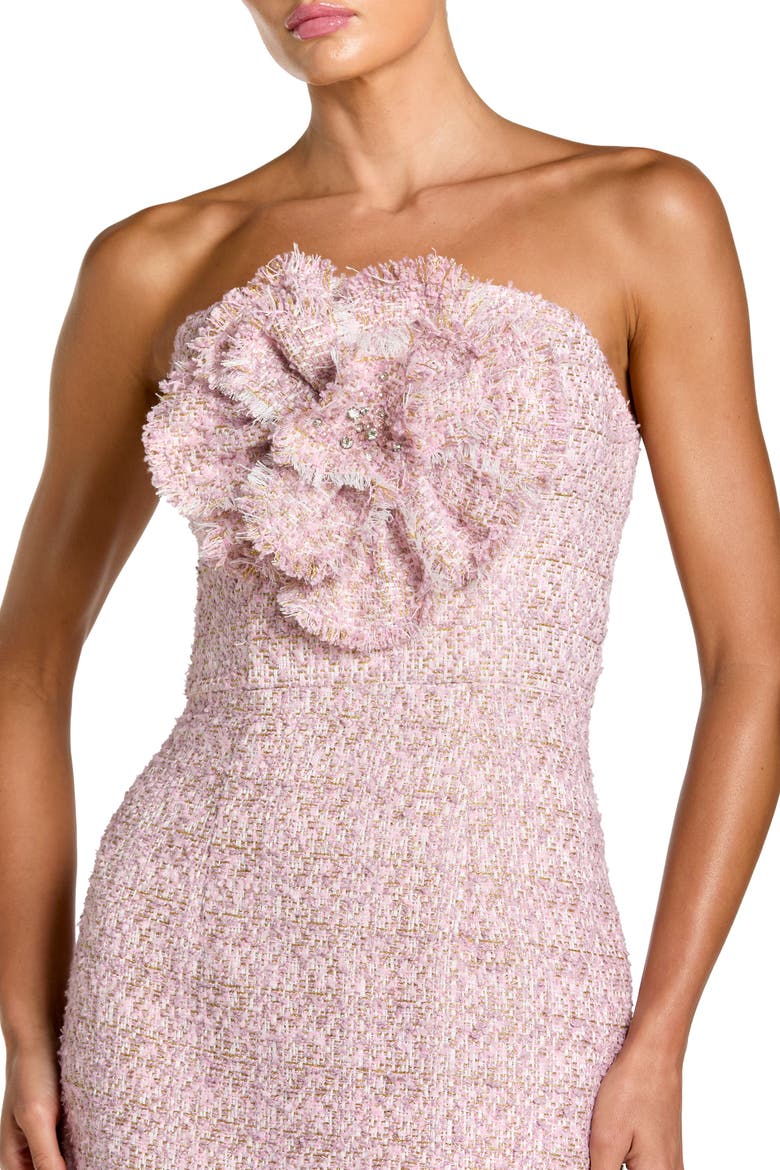 Boucle Strapless Midi Dress With 3D Flower, Alternate, color, Lilac