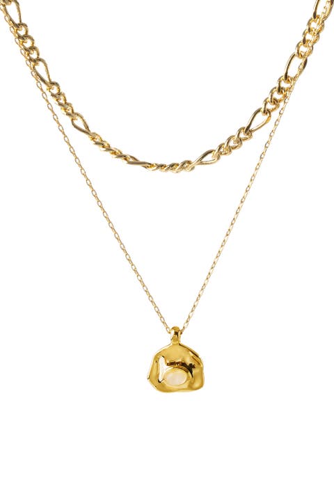 Aria Gemstone Pendant Necklace and Figaro Chain Layering Set