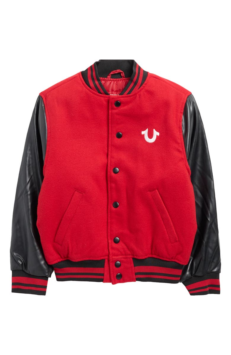 True Religion Kids' Varsity Bomber Jacket, Main, color, Red
