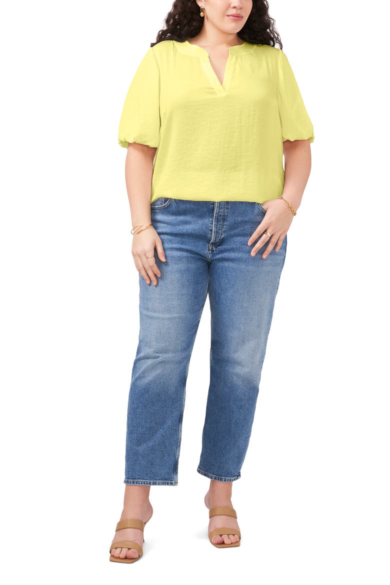 Puff Sleeve Split Neck Top, Alternate, color, BRIGHT LEMON