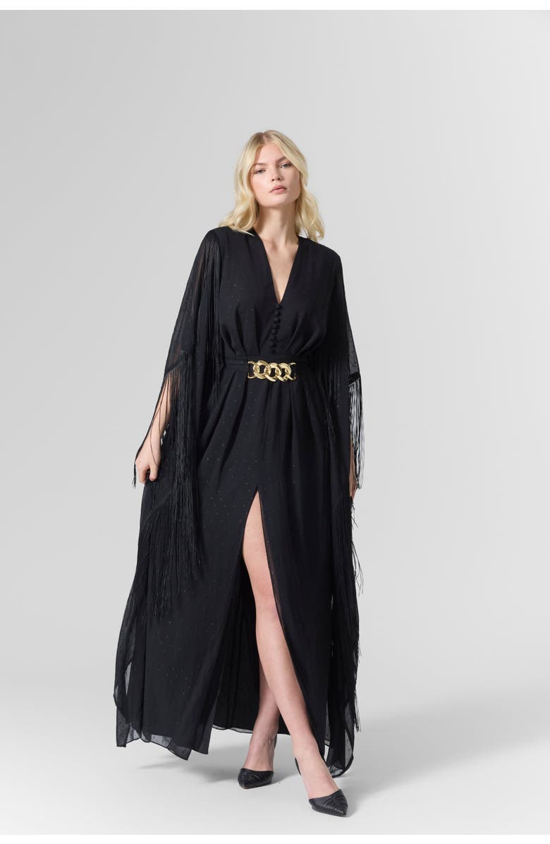 Le Fafo Luna Fringe Belted Gown Dress, Alternate, color, Black