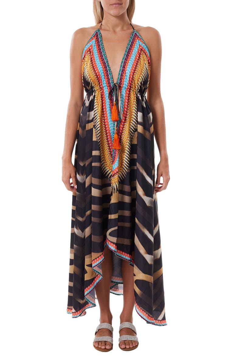 Halter Neck Stripe Print Dress, Main, color, BLACK