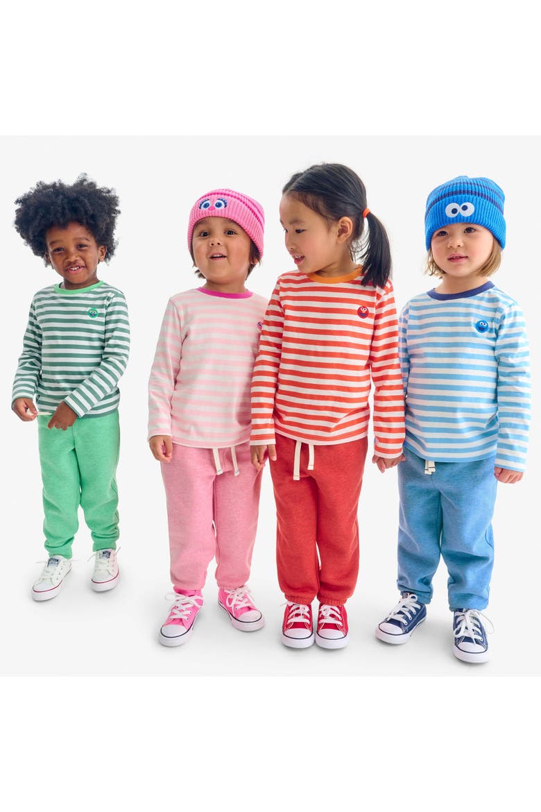 Kids Sesame Street Embroidered Stripe Tee, Alternate, color, Sunwashed Teal Ivory Stripe
