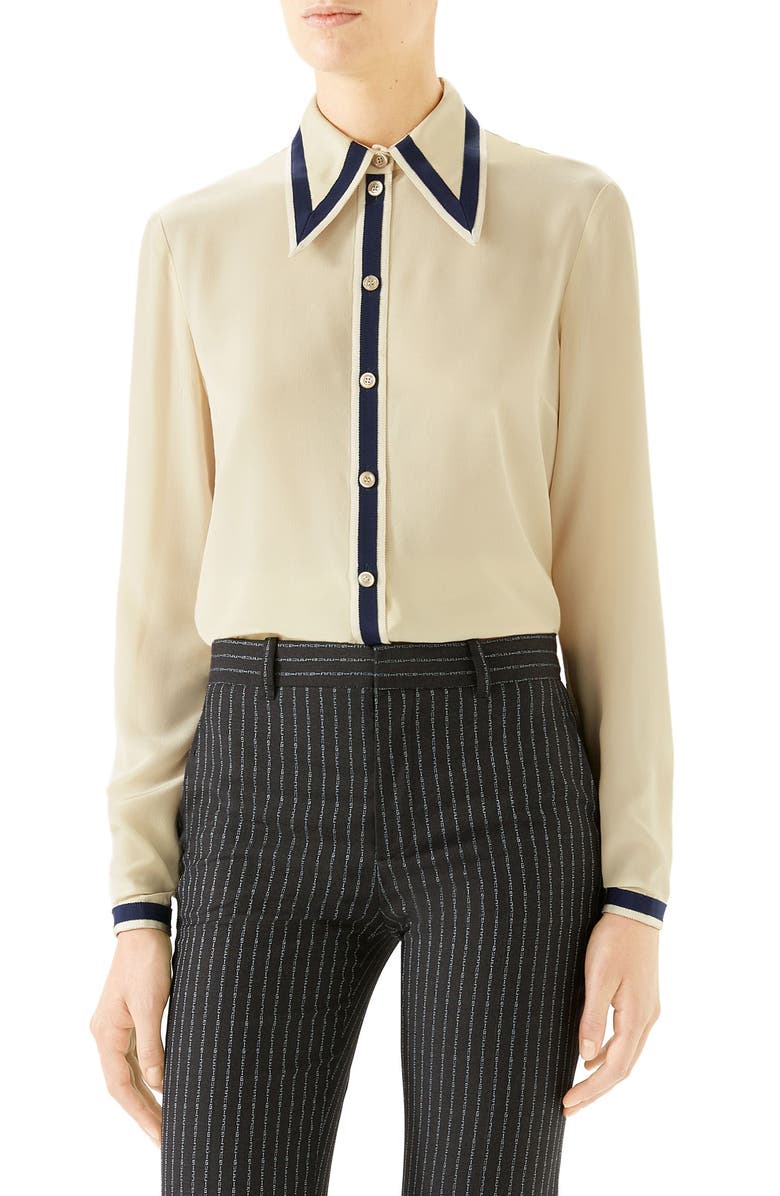 Gucci Grosgrain Trim Silk Crêpe de Chine Shirt, Main, color, 