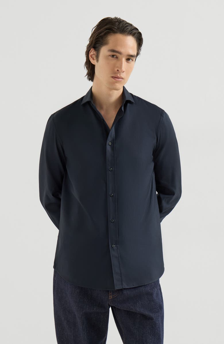 Brunello Cucinelli Garment-dyed twill  shirt with spread collar, Main, color, Navy Blue