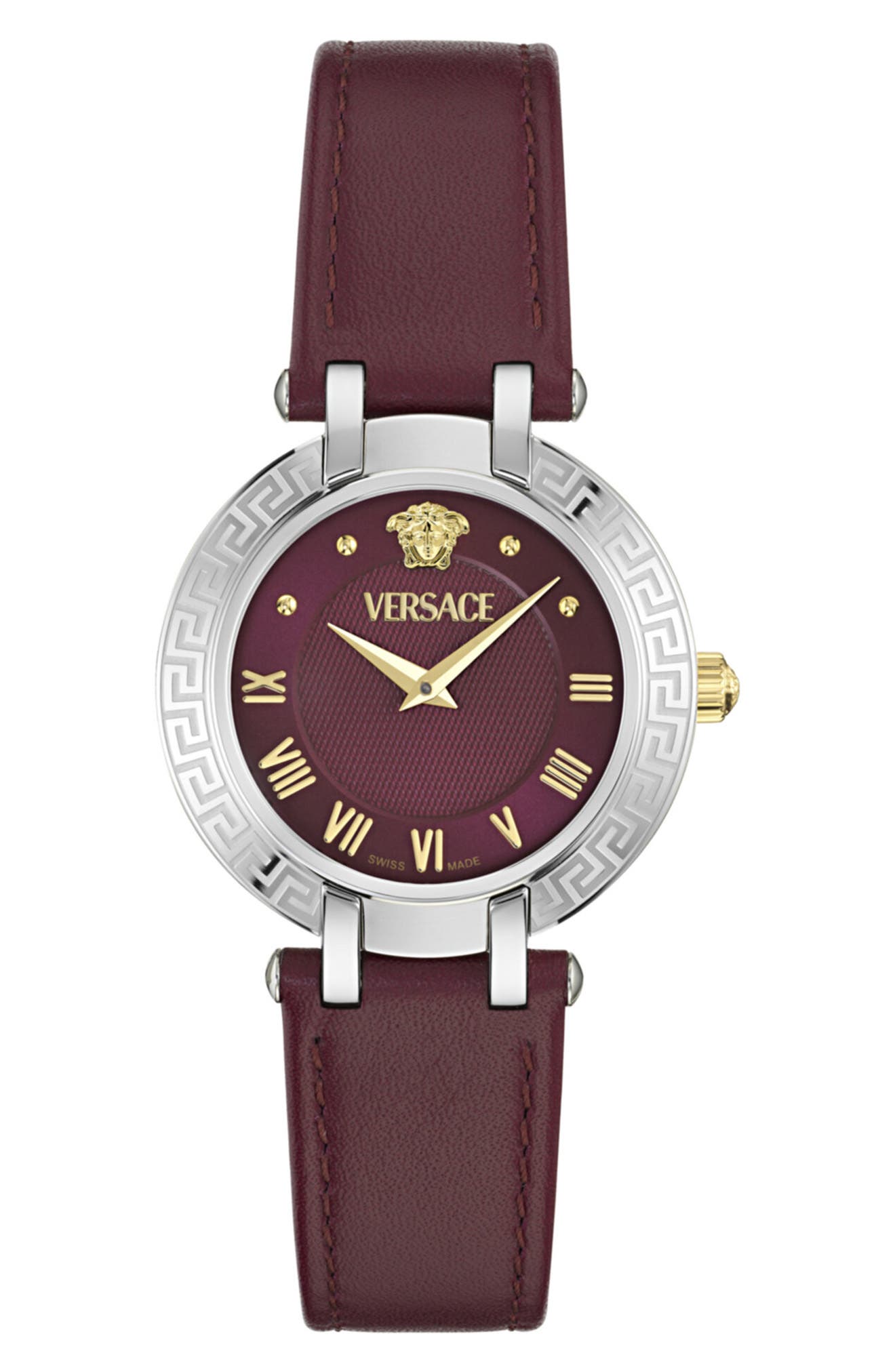 Greca Logo Leather Strap Watch, 34mm
