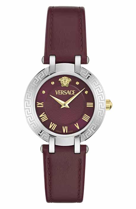 Greca Logo Leather Strap Watch, 34mm