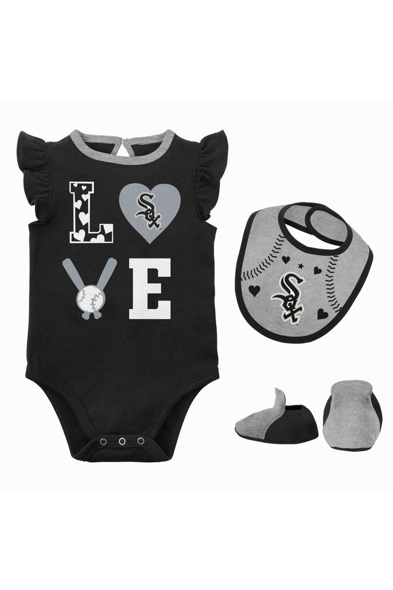 Newborn & Infant Black/Heather Gray Chicago White Sox Three-Piece Love of Baseball Bib Bodysuit & Booties Set, Main, color, Black
