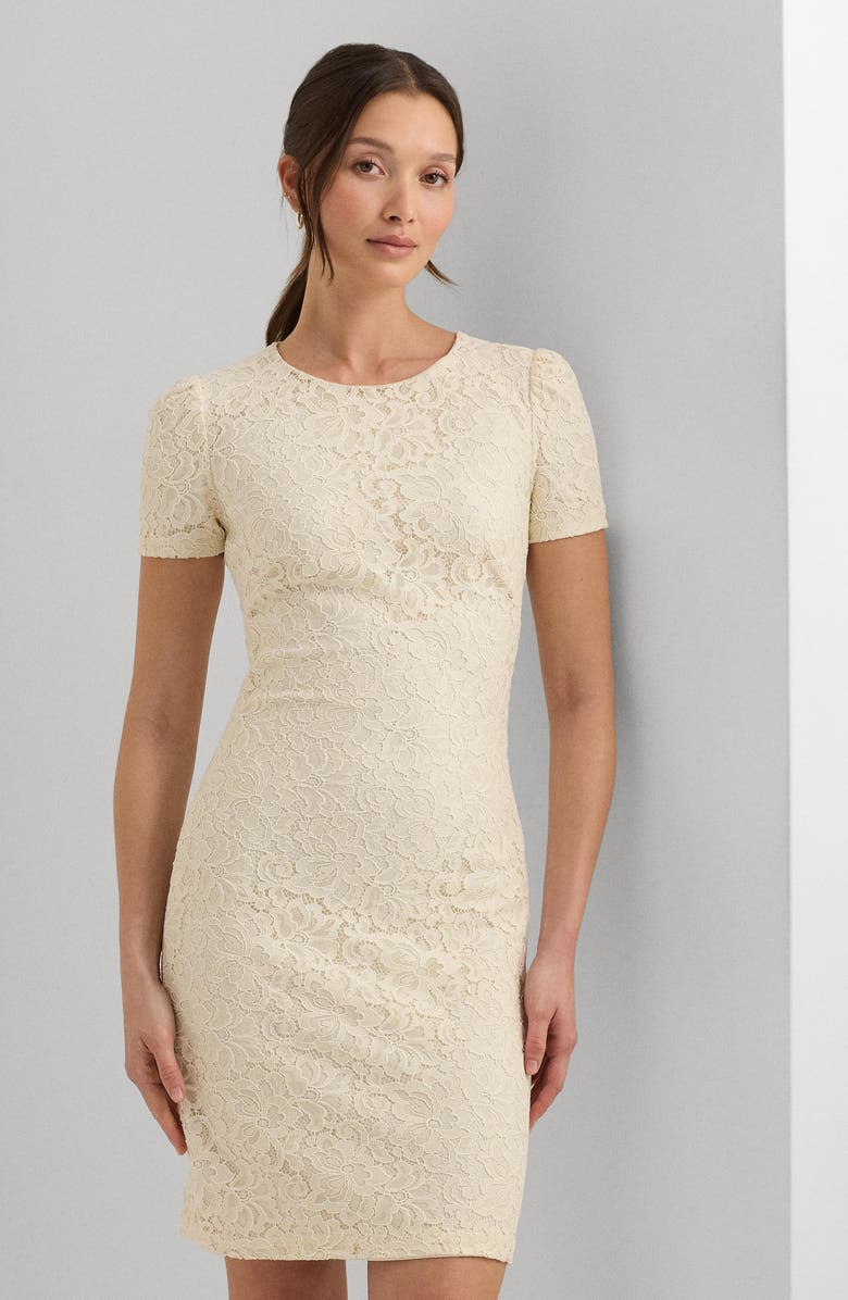 Ralph Lauren Floral Corded Lace Short Sleeve Cocktail Dress, Alternate, color, Mascarpone Cream