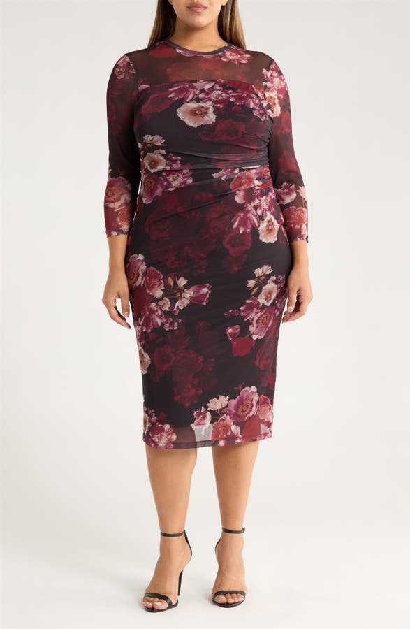 Ruched Long Sleeve Illusion Neck Midi Dress