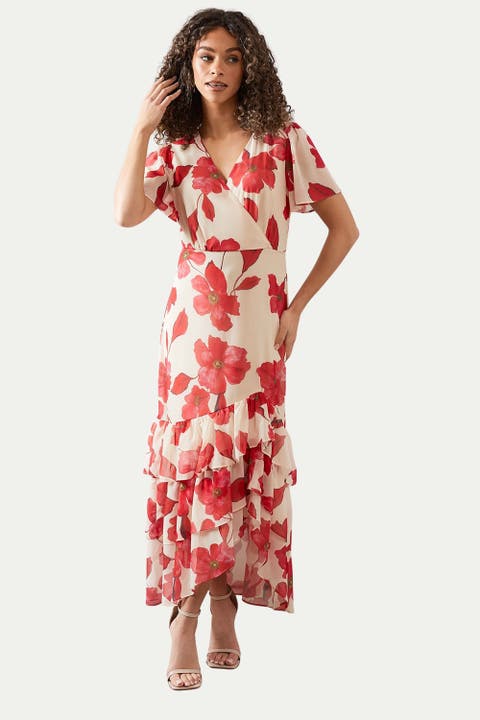 Floral Frill Hem Chiffon Maxi Dress