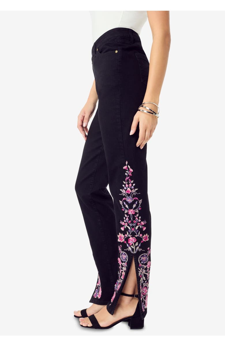 Roaman's Plus Size Invisible Stretch<sup>®</sup> Embroidered Split Flare-Leg Jean, Alternate, color, Black Vine