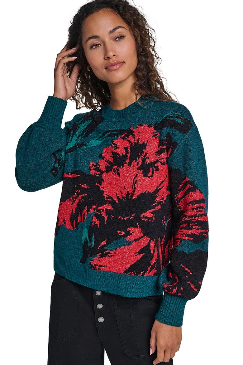 Floral Crewneck Sweater, Alternate, color, GLASS TEAL MULTI