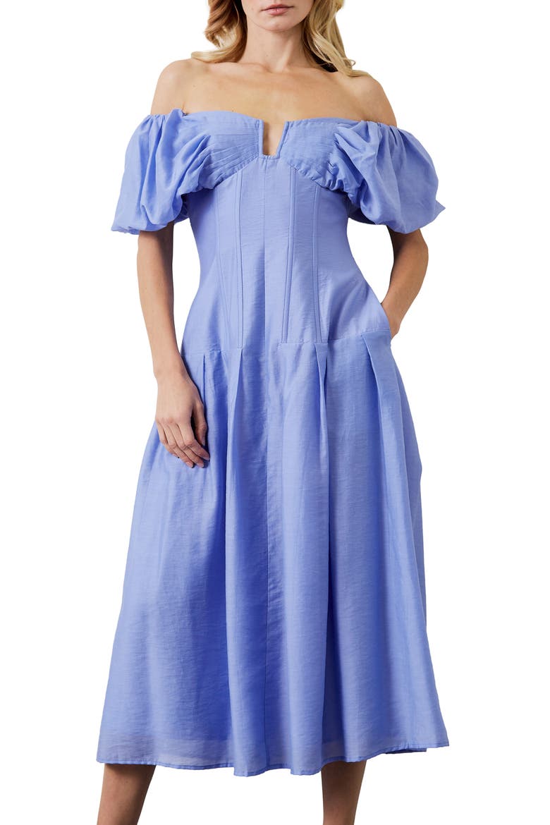 Lottie Puff Sleeve Off the Shoulder Dress, Alternate, color, MALIBU BLUE
