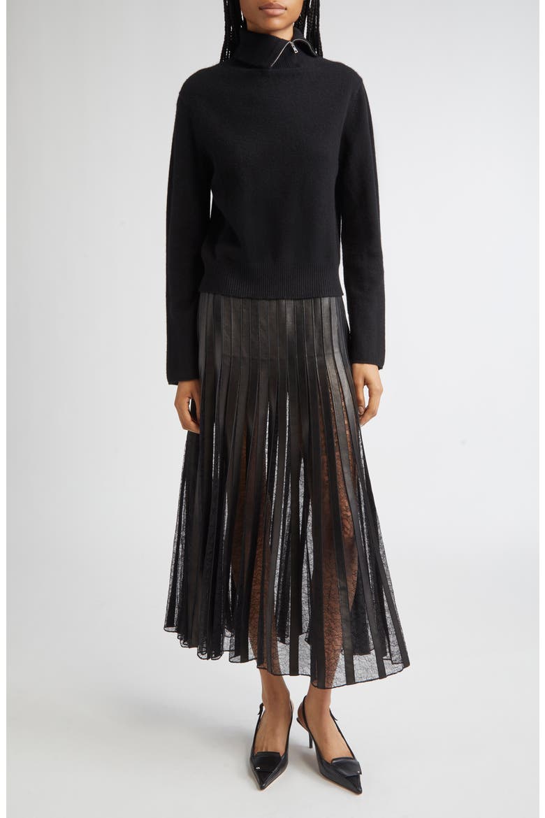 Alix Leather Strip & Lace Skirt, Alternate, color, BLACK