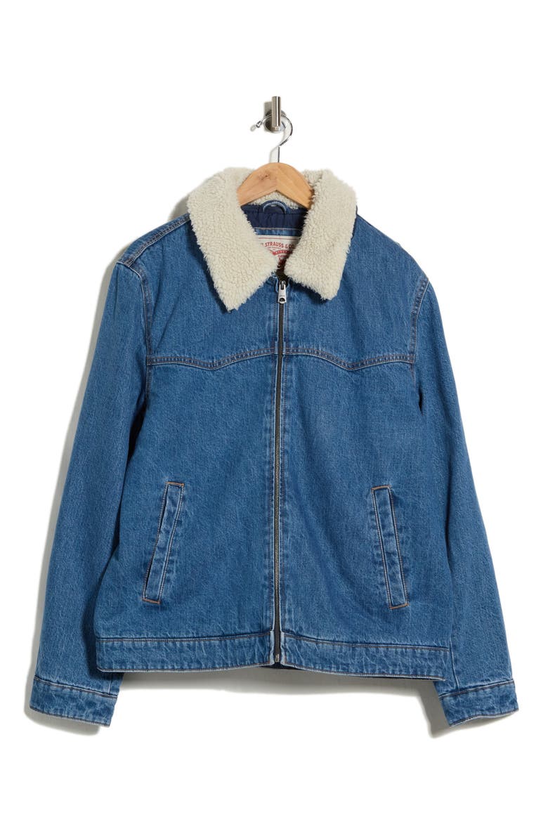 Western Faux Shearling Lined Denim Jacket, Main, color, MEDIUM WASH DENIM